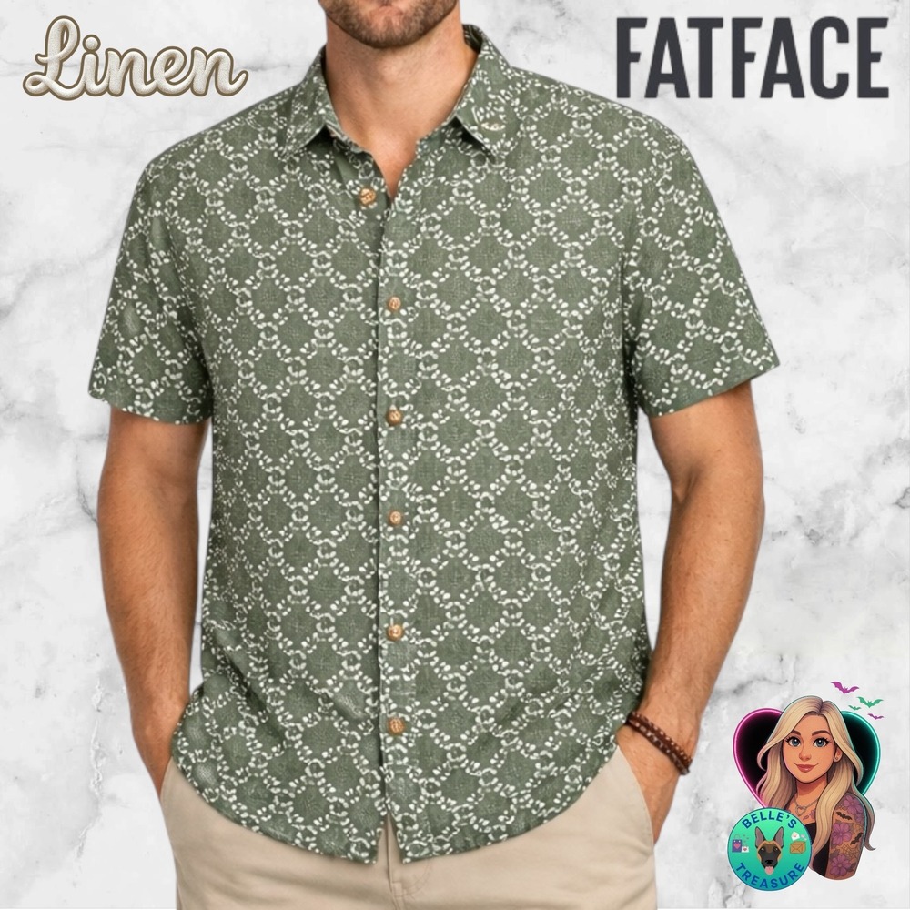 Fat Face Mens‎ Large Linen Cotton Short Sleeve Button Down Shirt Sage Green